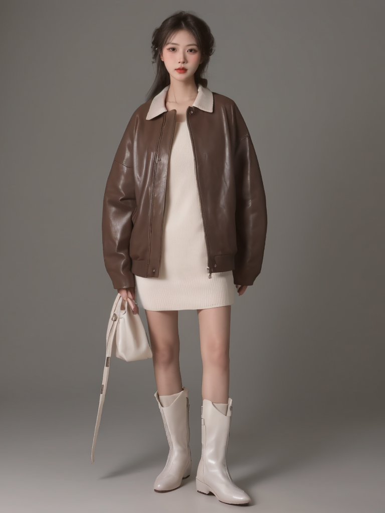 a young woman wearing a brown leather jacket, white dress, and white boots. Image creation by weshop ai